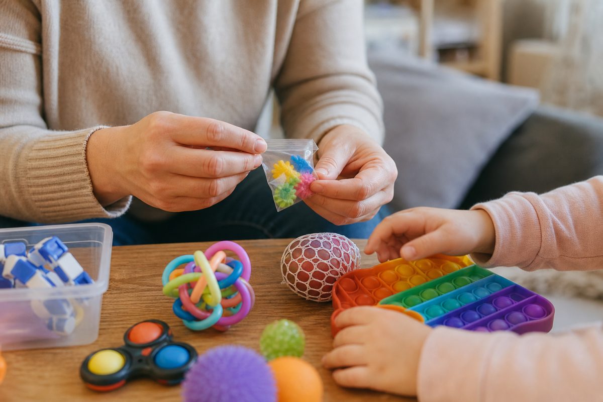 Szülő ellenőrzi a stresszoldó játék méretét és biztonságát