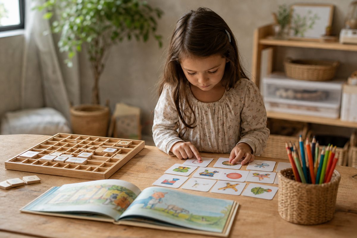 Scrabble jellegű játék, képes böngésző és szókártyák egy asztalon
