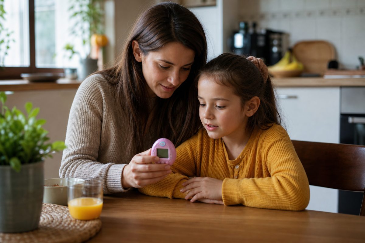 Szülő és gyerek együtt néz egy tamagocsi digitális kisállatot