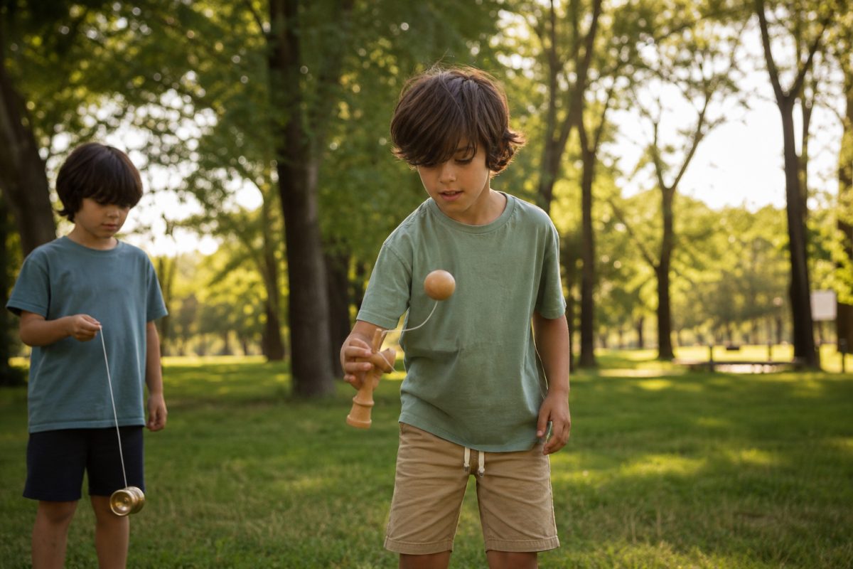 Gyerekek jojóval és kendamával gyakorolnak egy parkban