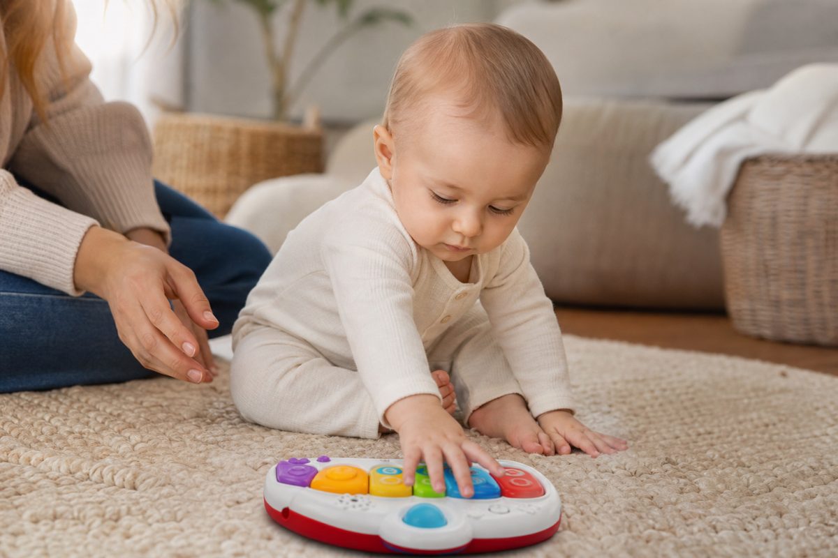 Baba színes zenélő játék gombjait nyomja szülői felügyelettel