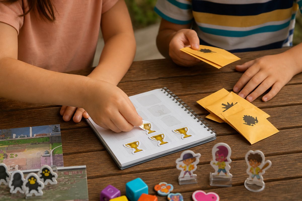 Trófea matricák és titkos borítékok egy fejlődő társasjáték mellett